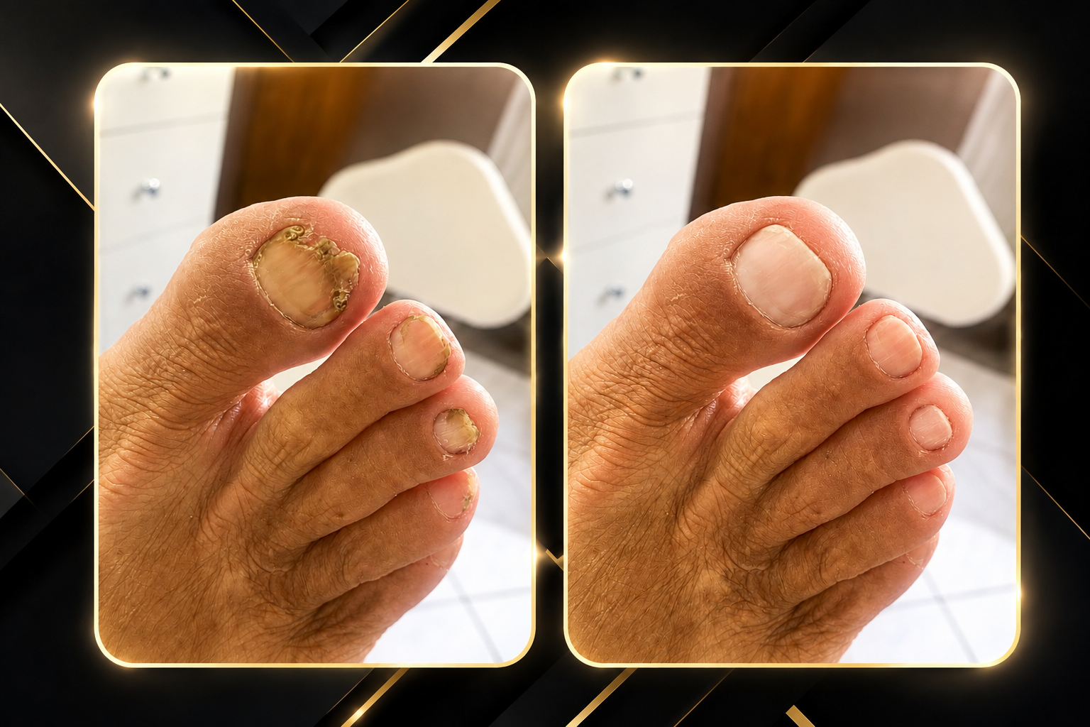 Antes e depois do cuidado em unhas espessas e alteradas dos pés